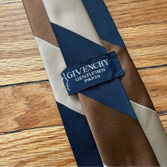 Vintage Givenchy Silk Tie Navy Brown Stripe Paris Men - Picture 3 of 4